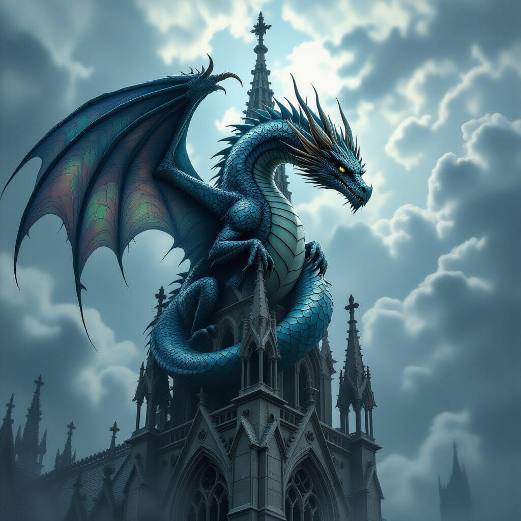 Ancient Dragon Guards Gothic Cathedral Spire
