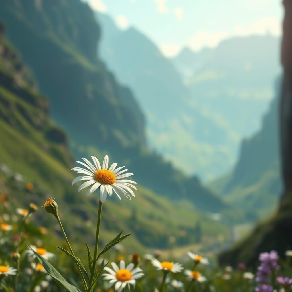 Daisy Blooms in Lush Valley: Fantasy Concept Art