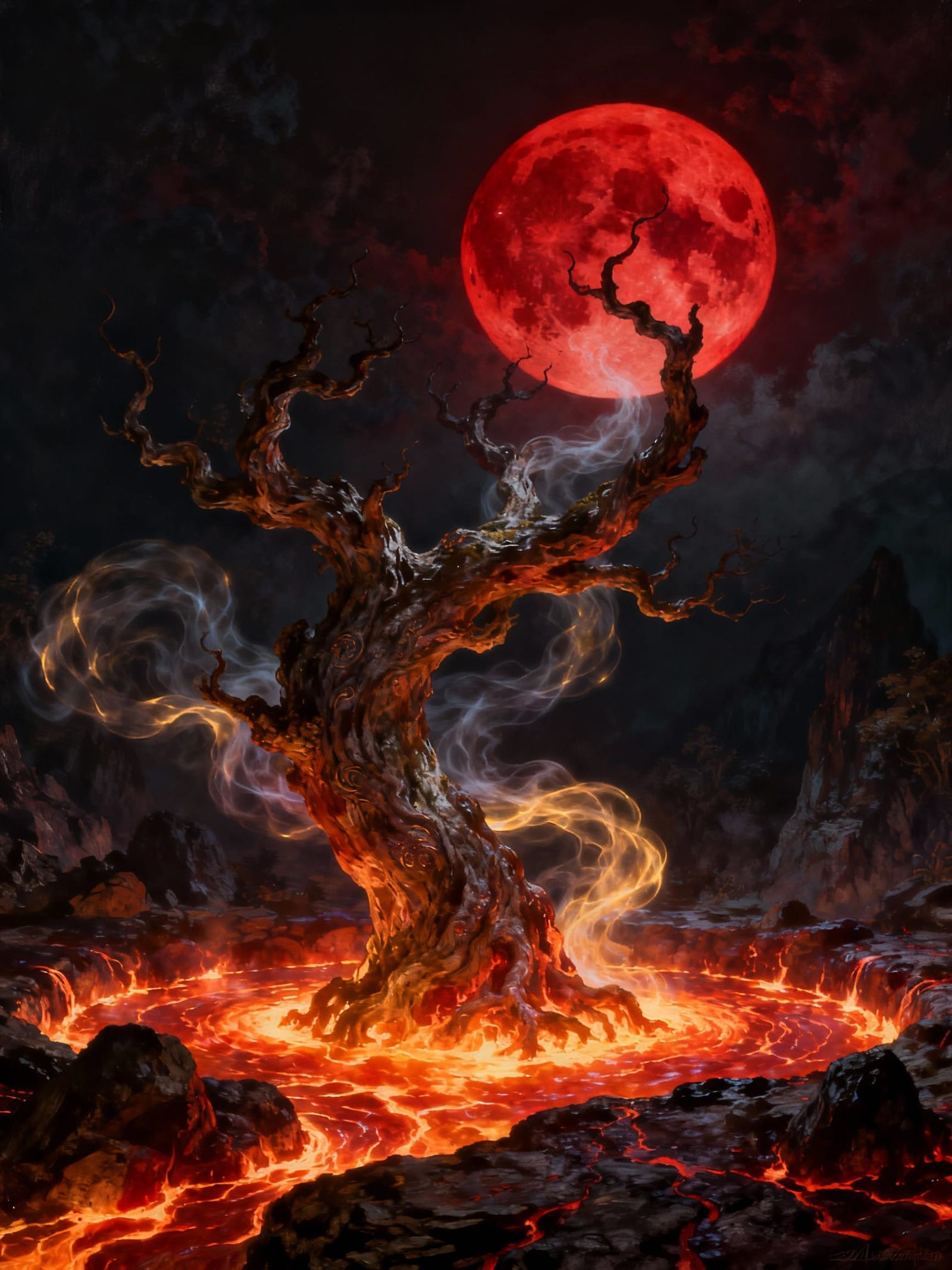 Magical Glowing Tree in Lava Under Blood Moon