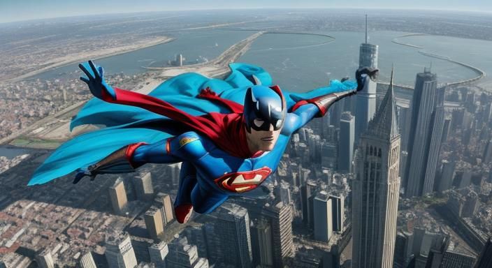 Superhero Soaring Over Modern Cityscape
