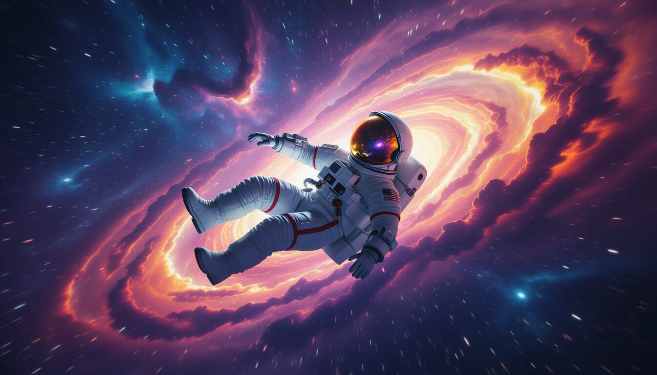 Astronaut's Cosmic Journey Through Iridescent Wormhole