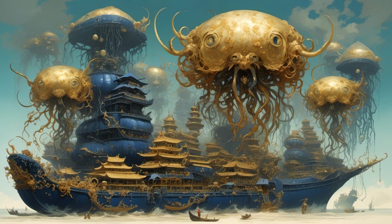 Surreal Go Nagai Skyline with Jellyfish and Lasagna