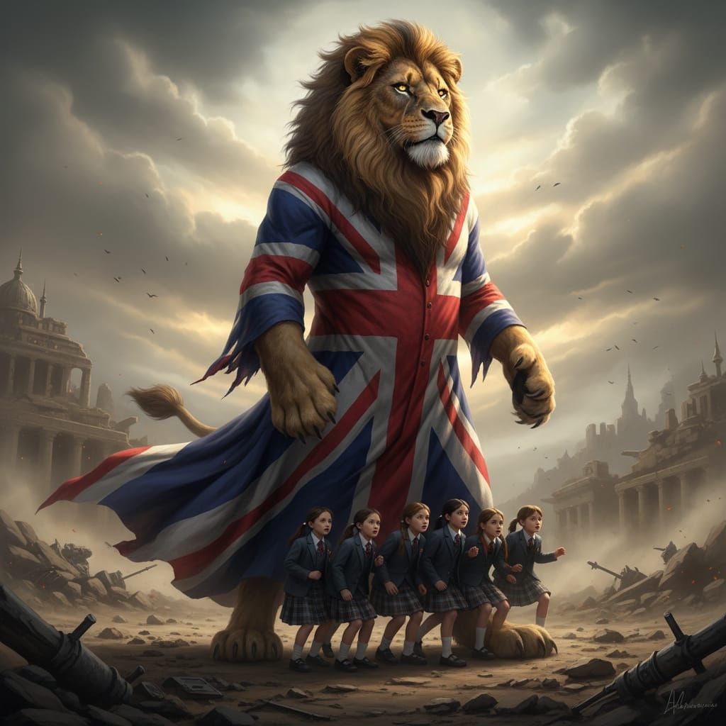 Majestic Lion in Union Jack Coat Protects Children