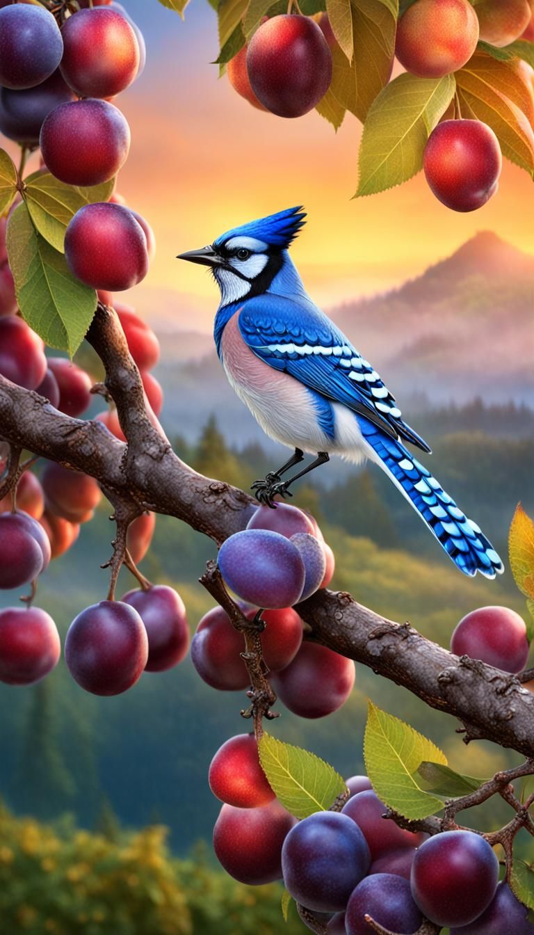 Hyperrealistic Bluejay with Plums at Sunrise