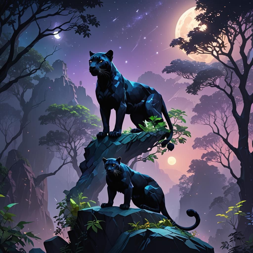 Fairy Black Panther Under Blue Moon in Low-Poly Art