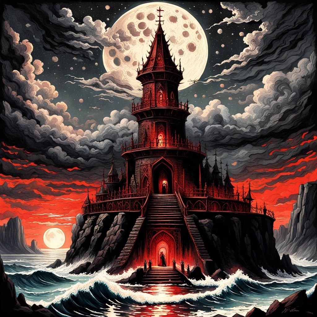 Red Tower in Occult Horror Landscape Painting