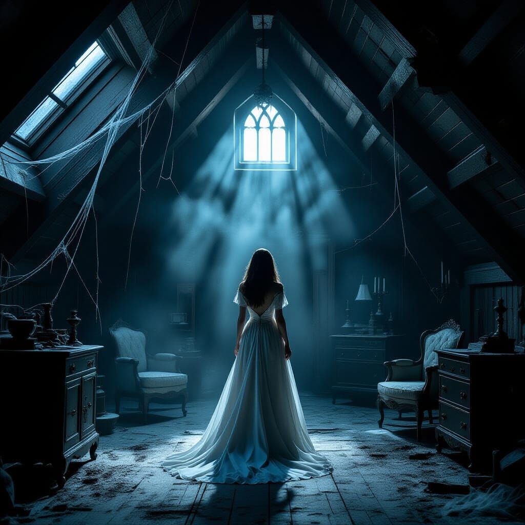 Gothic Attic Mystery: Woman in Moonlight