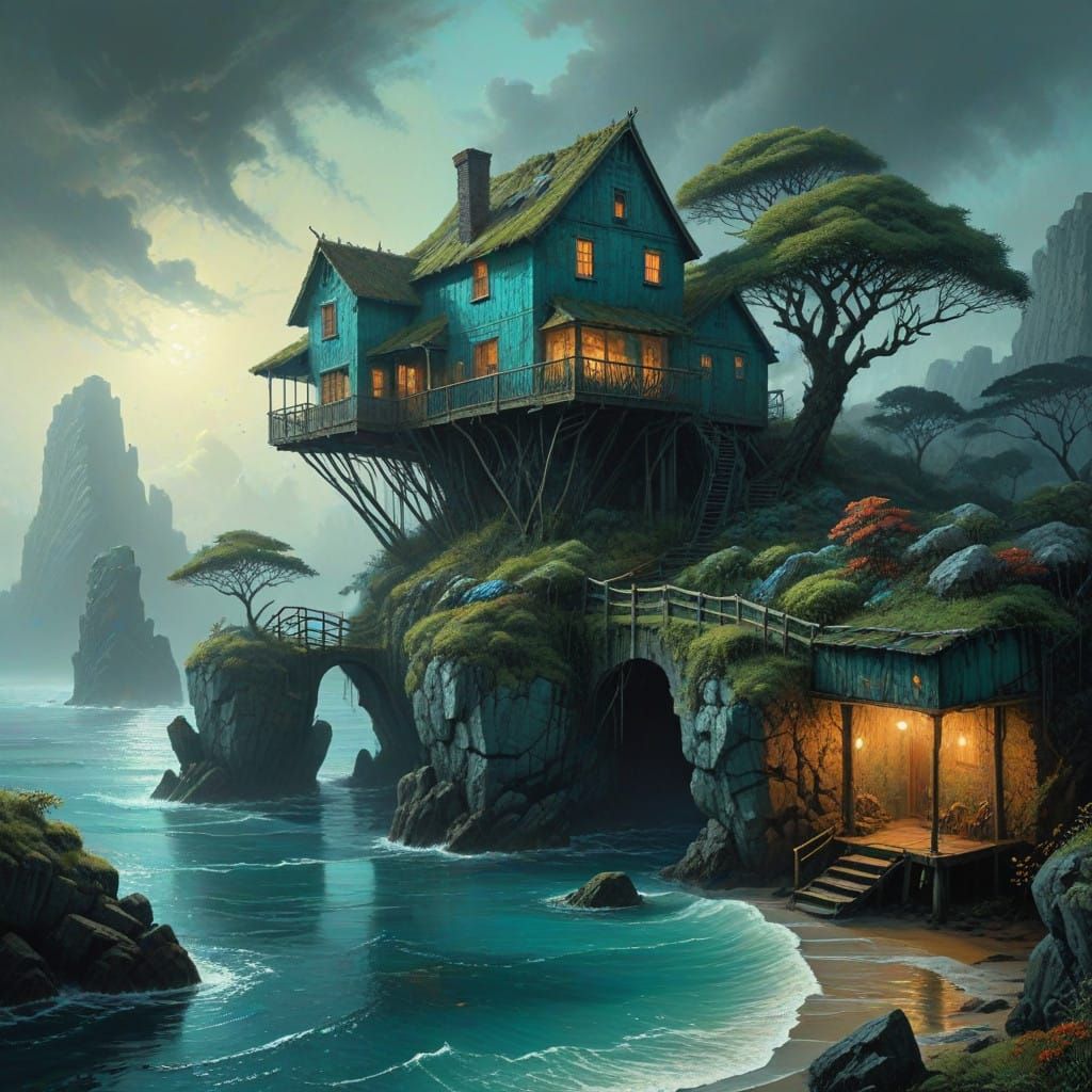 Whimsical Island House in Folk-Art Style