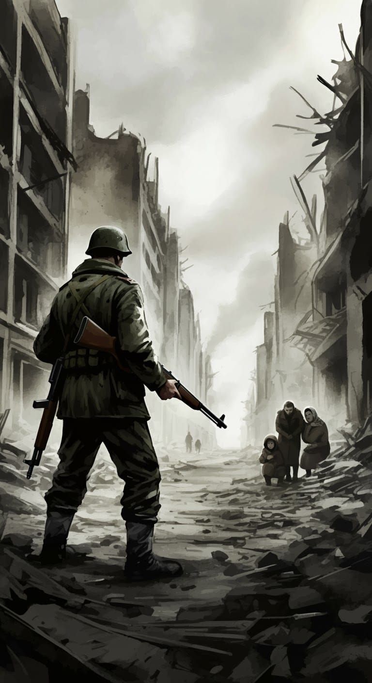 Soldier in War-Torn City Points Rifle