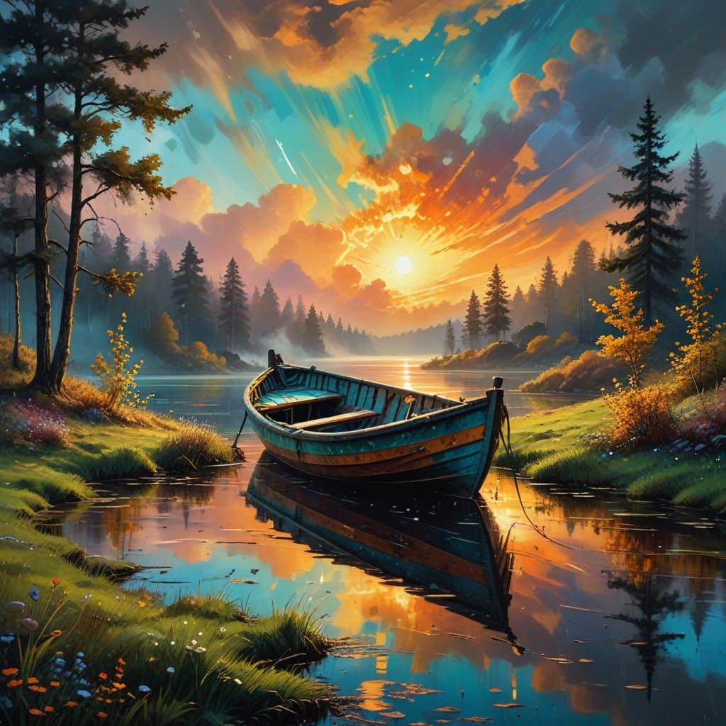 Abstract Boat: Golden Moonlight on Forest Shore