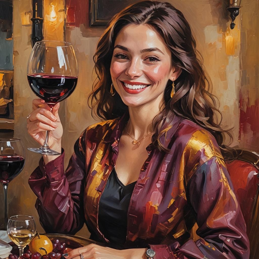 Smiling Woman with Wine: An Oil Painting in Renaissance Styl...