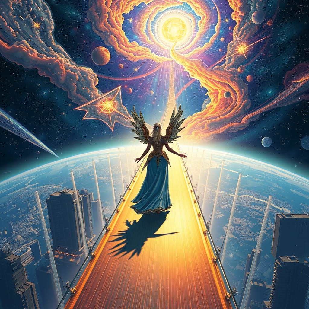 Cosmic Sky Bridge to Valhalla in Vibrant Holographic Style