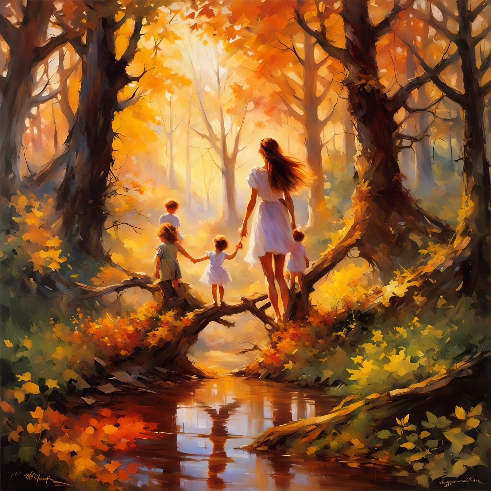 Family in Forest: Photorealistic Impressionist Masterpiece