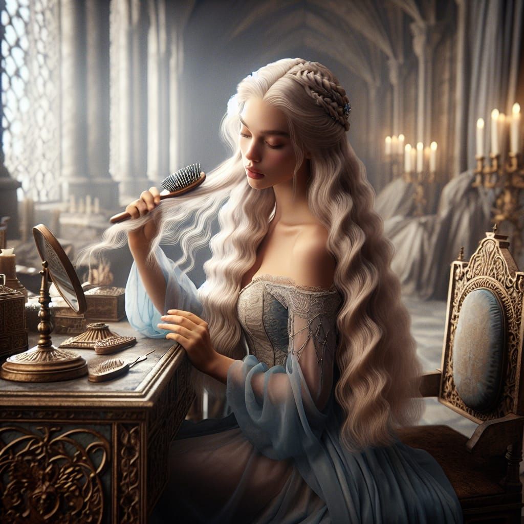 Medieval Princess at Dressing Table in Digital Matte Paintin...
