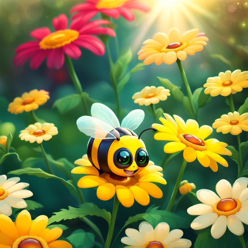 Happy Bumblebee in Dreamy Floral Anime Landscape