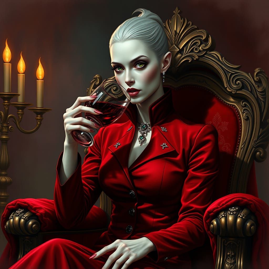Elegant Vampire Queen in Gothic Velvet Throne