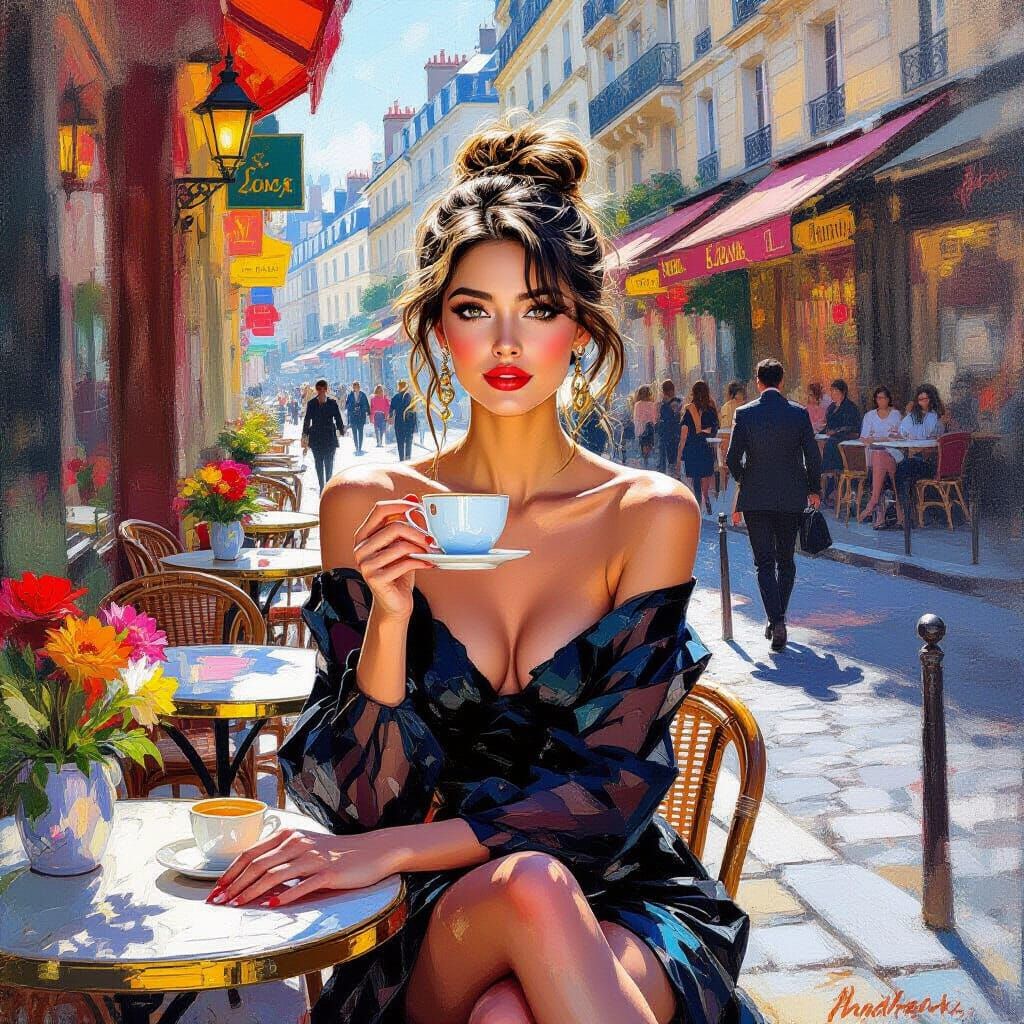 Parisian Cafe Scene in Impasto Style with Hyperreal Colors