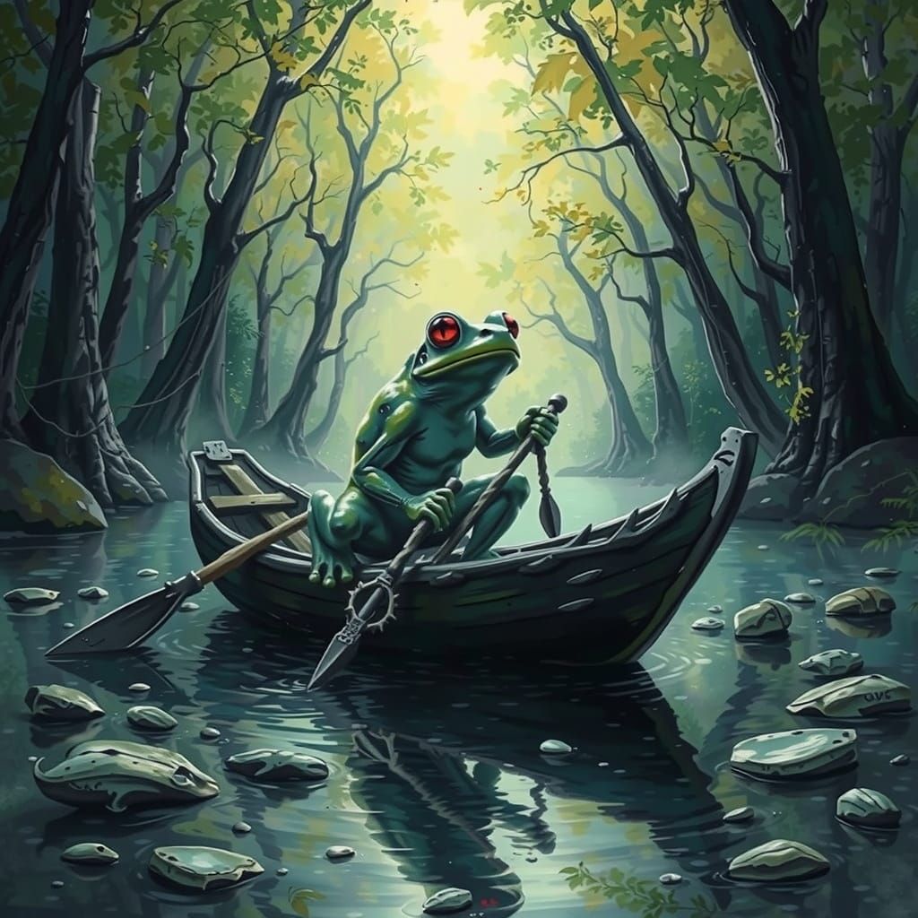 Poison Dart Frog Navigates Dark Jungle River in Vibrant Wate...