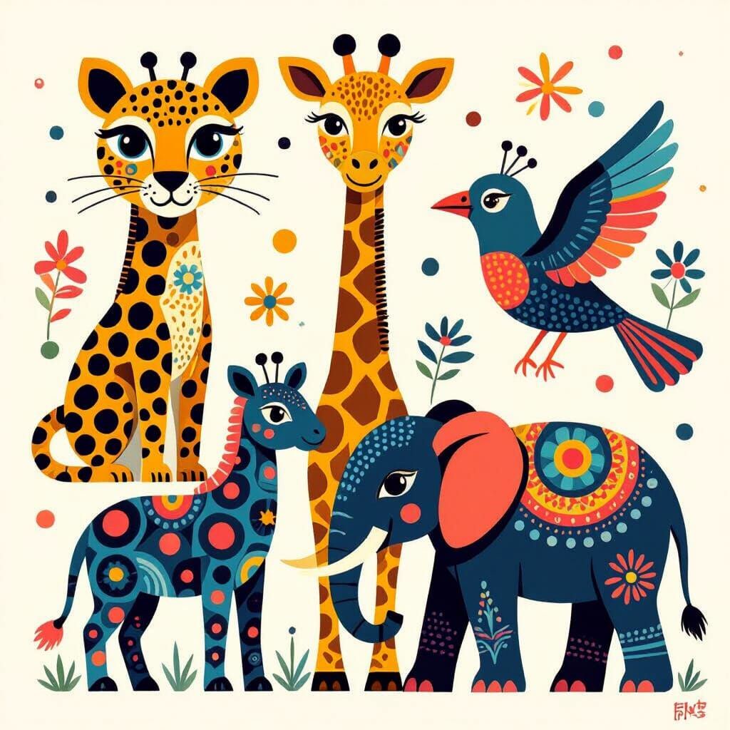 Stylized Animals with Dotted Patterns in Modern Art Style