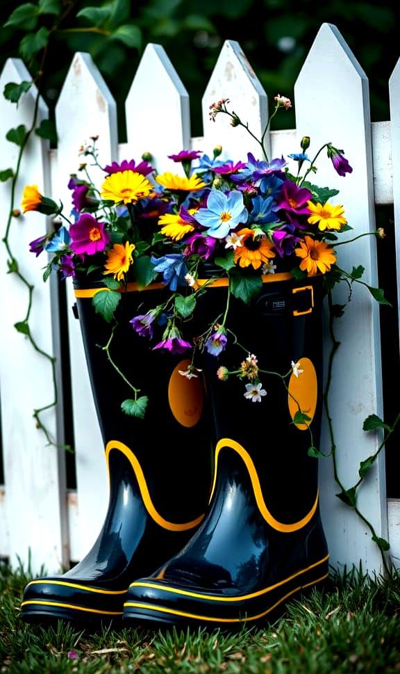 Black rain boots with flowers & ivy. 💐💛