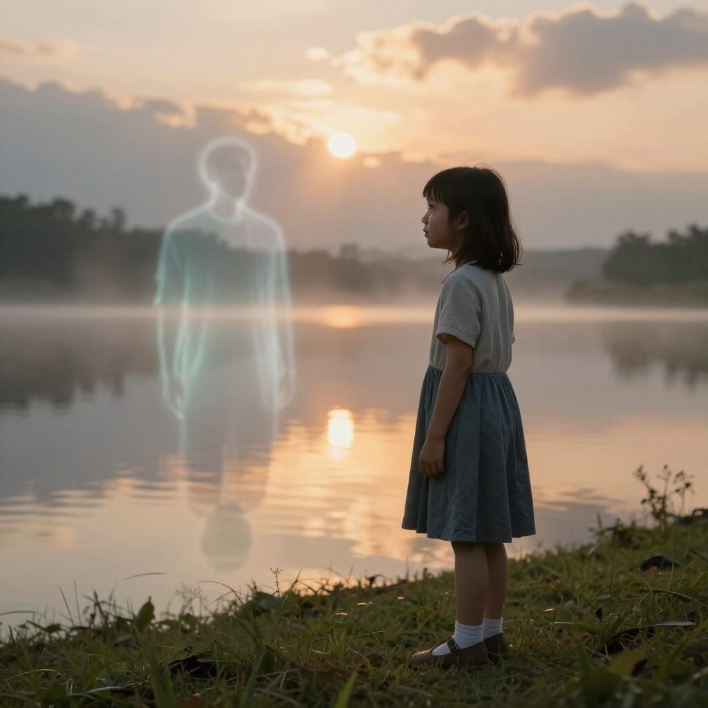 Girl's Emotional Reflection of Father at Sunset