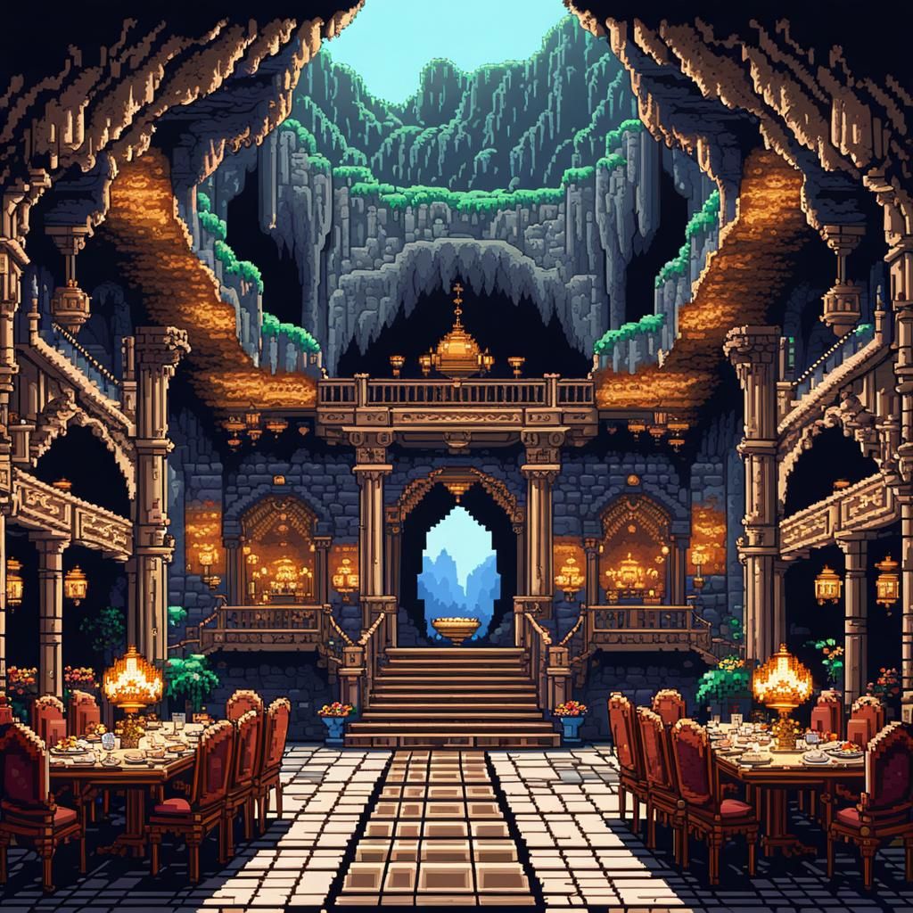 Luxurious Royal Dining Hall in Cave: 8-bit Pixel Art
