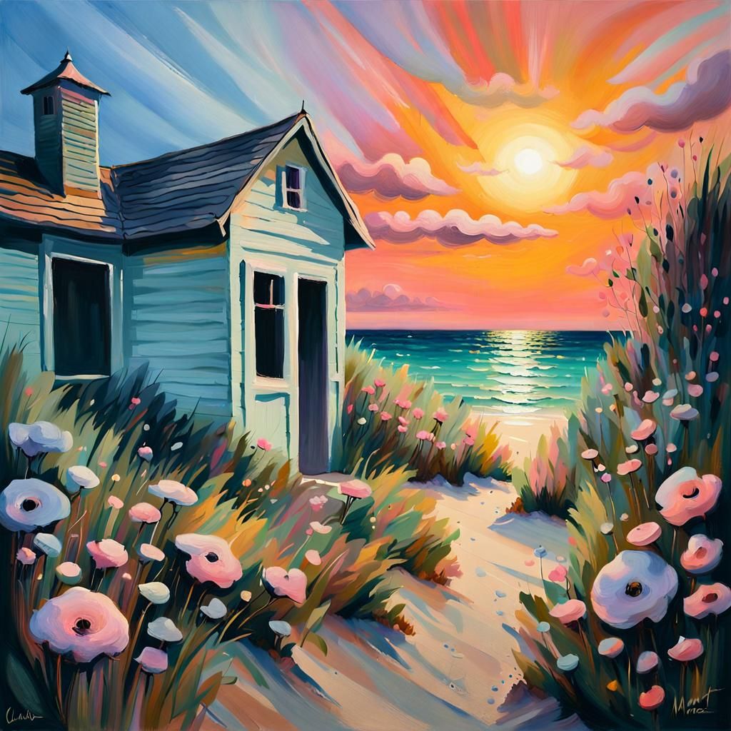 painting of a an old beach house, flux , the. Evolved via sdxll 1.0