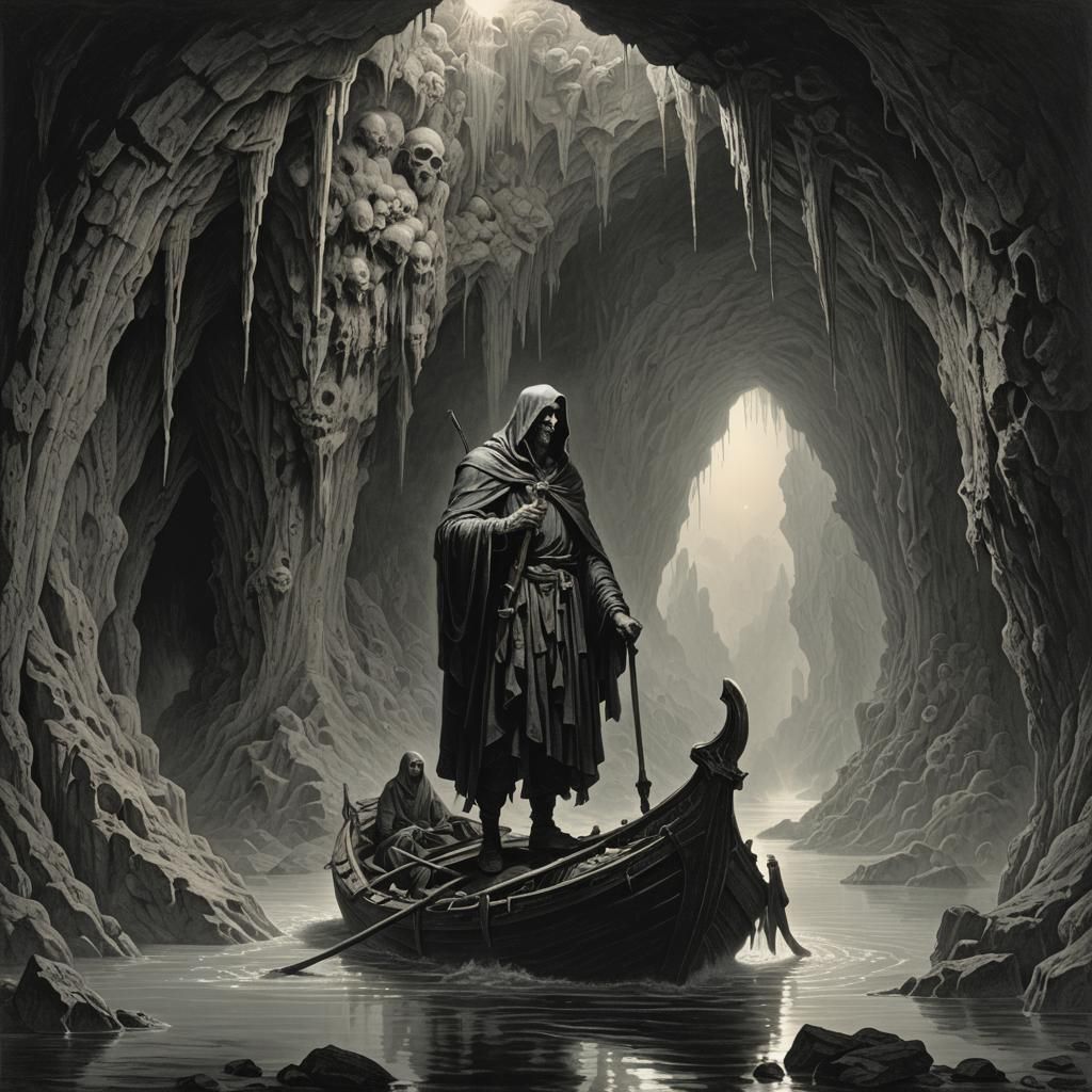 Gothic Ferryman Guiding Souls Through a Grotto