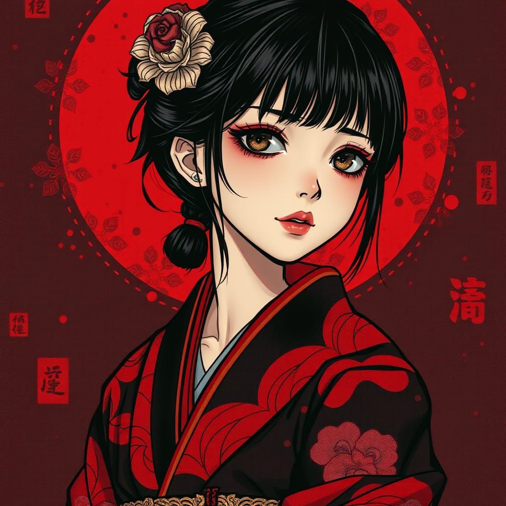 Gothic Manga Girl in Kimono, Manga Art Style
