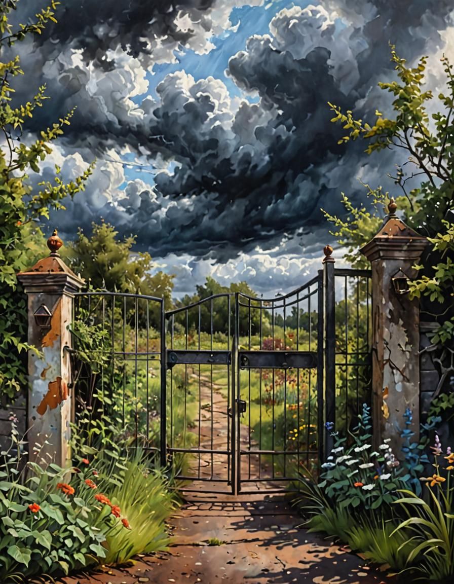 Abandoned Garden: Moody Oil Painting with Dark Sky