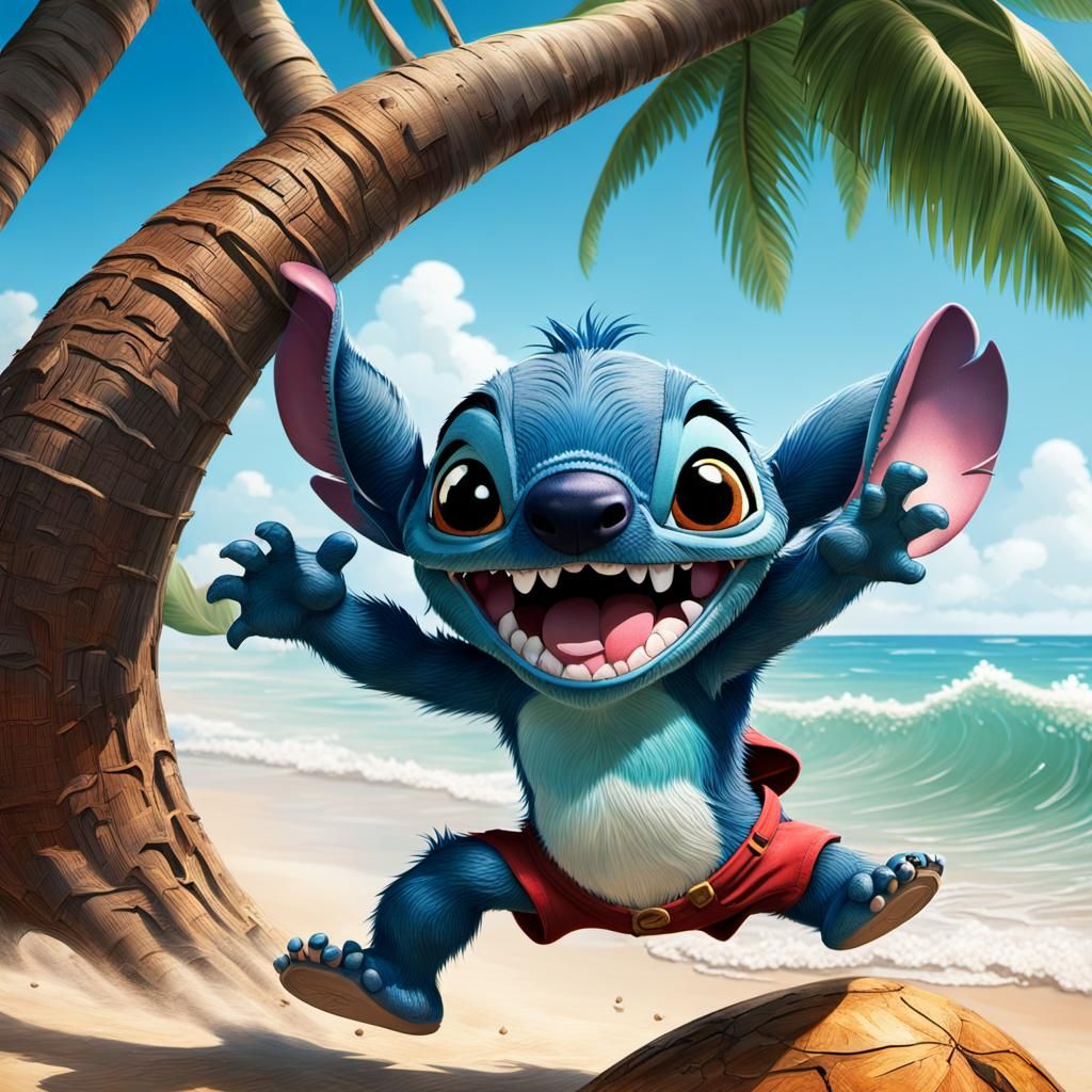 4k high res highly detailed image of stitch from lilo and stitch, jumping on a coconut tree on the beach