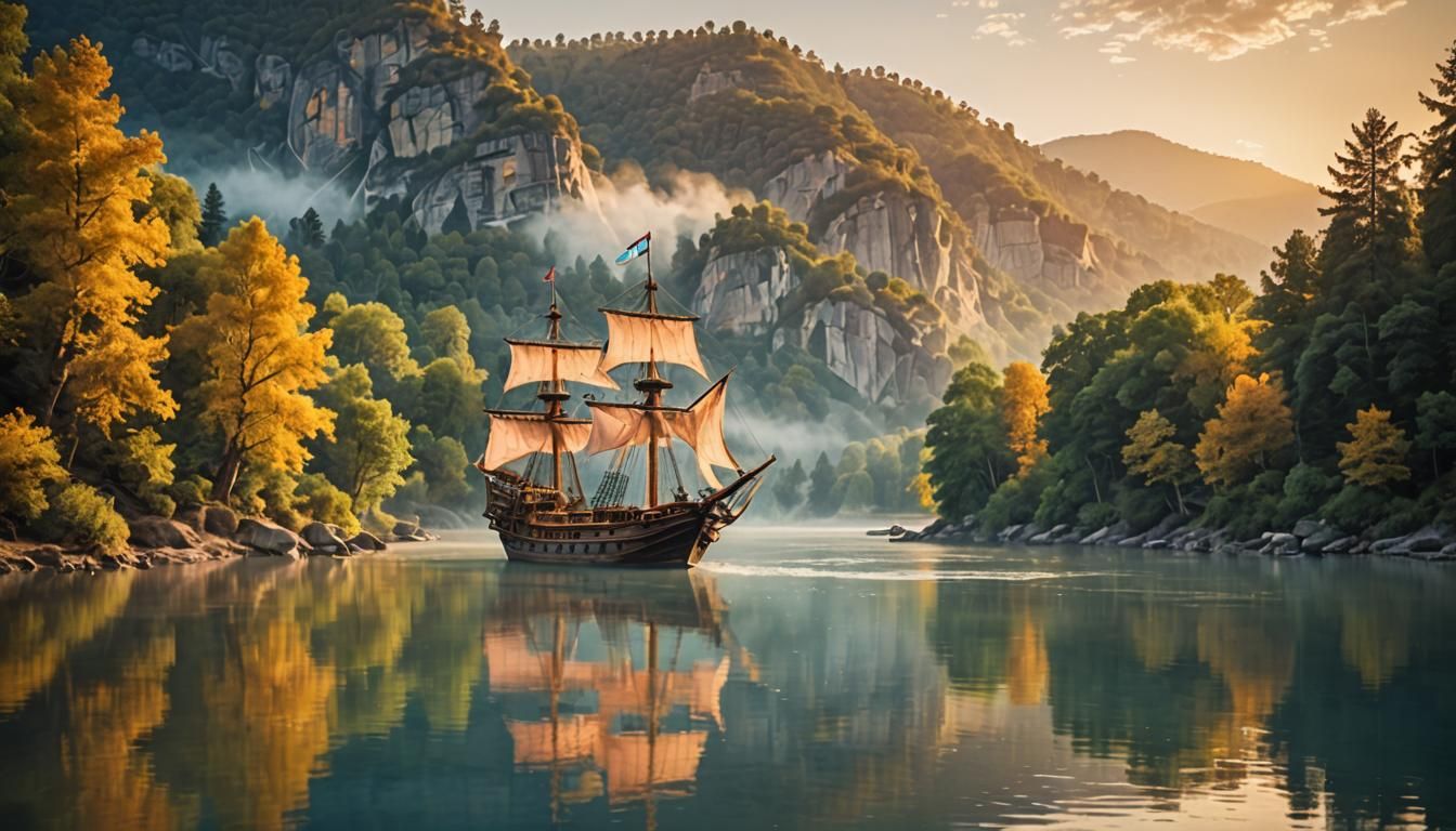 Pirate Ship on River at Sunset: Breathtaking Scenery