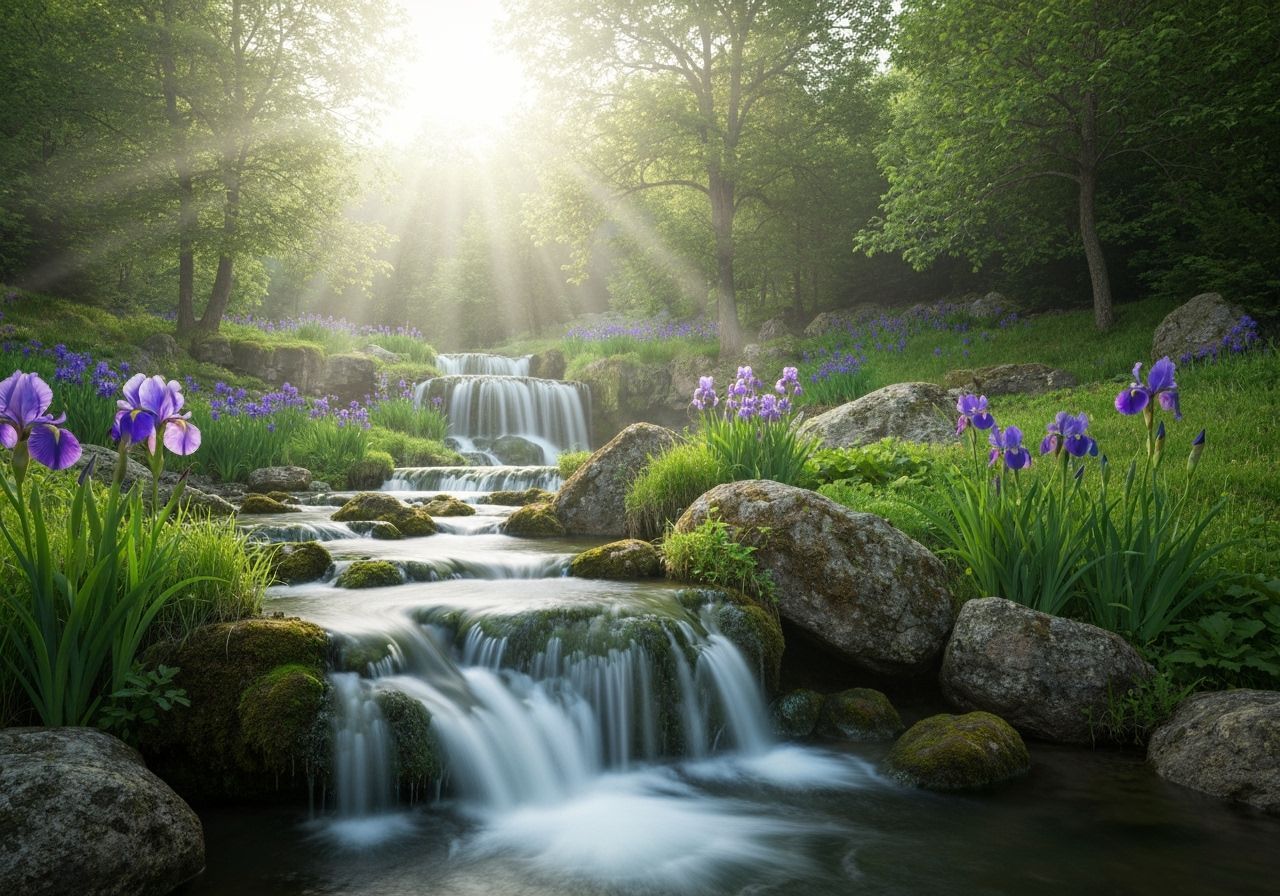 Photorealistic Waterfall Scene with Purple Irises