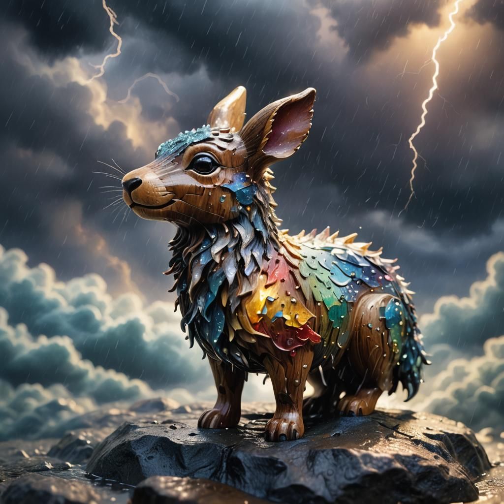 Ethereal Wooden Animal in Stormy Fantasy Landscape