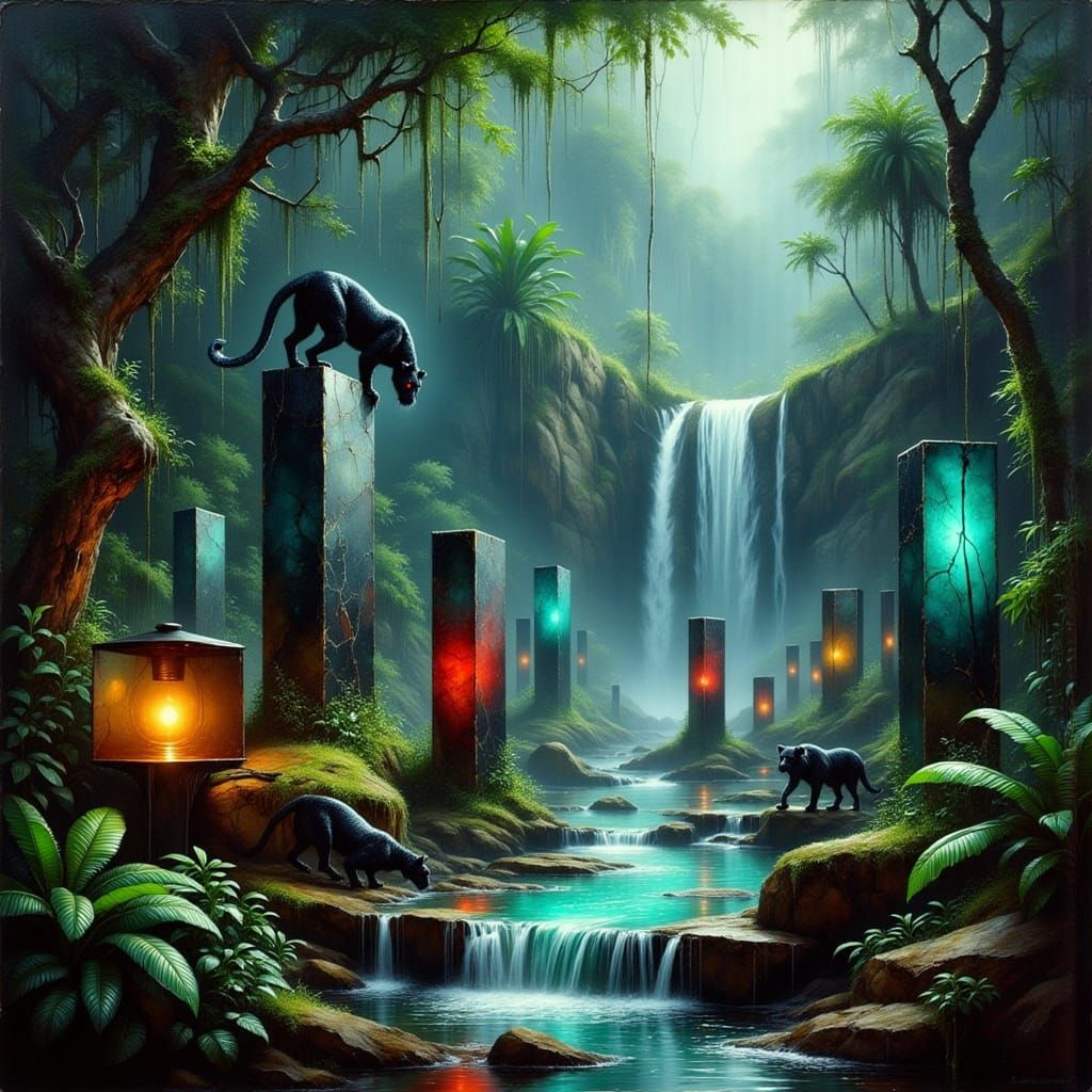 Rainforest Cubes and Panthers in Surreal Style