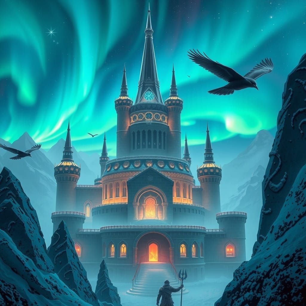 Cyberpunk Medieval Nordic Stronghold Rises from Frozen Skies