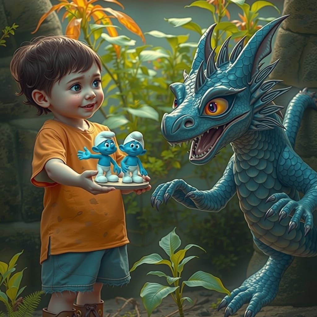 Boy Offers Smurfs to Hungry Baby Dragon in Whimsical Scene