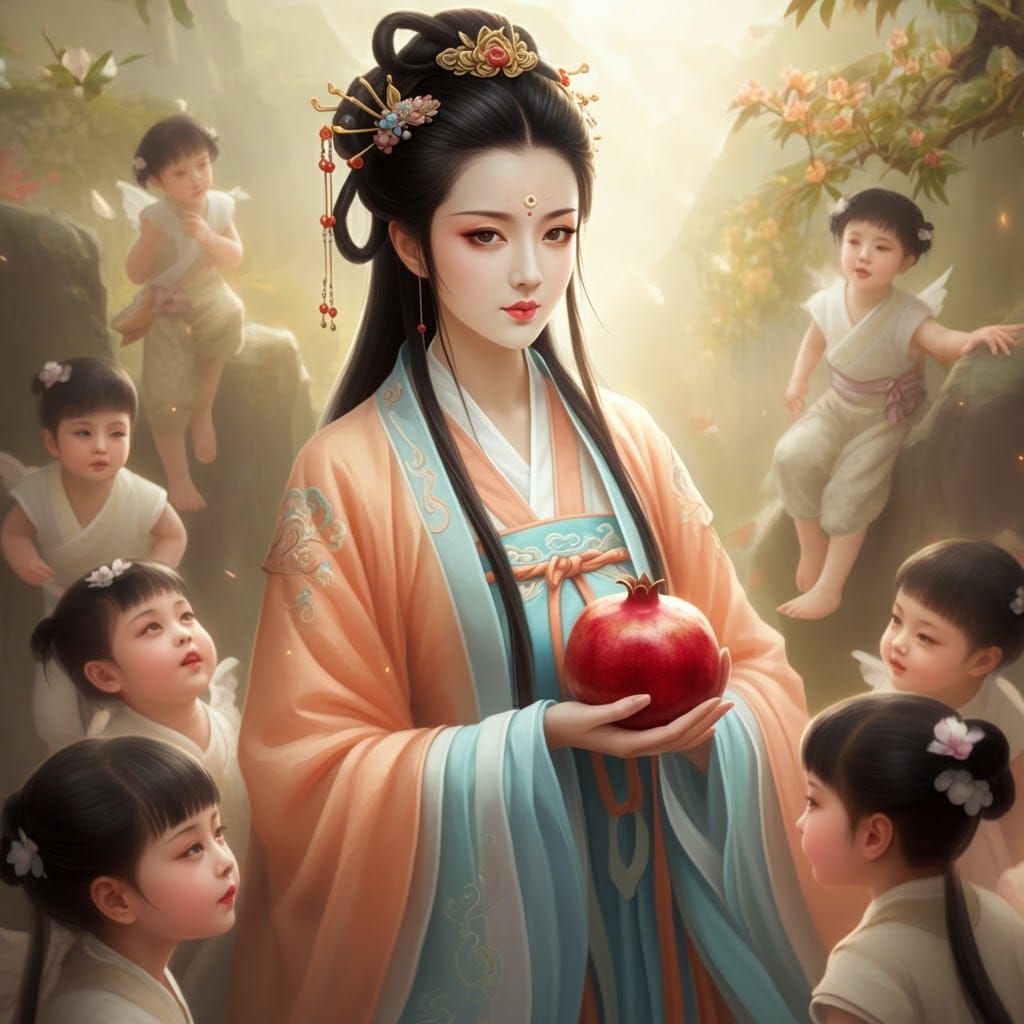 Serene Chinese Woman with Children: Digital Matte Painting