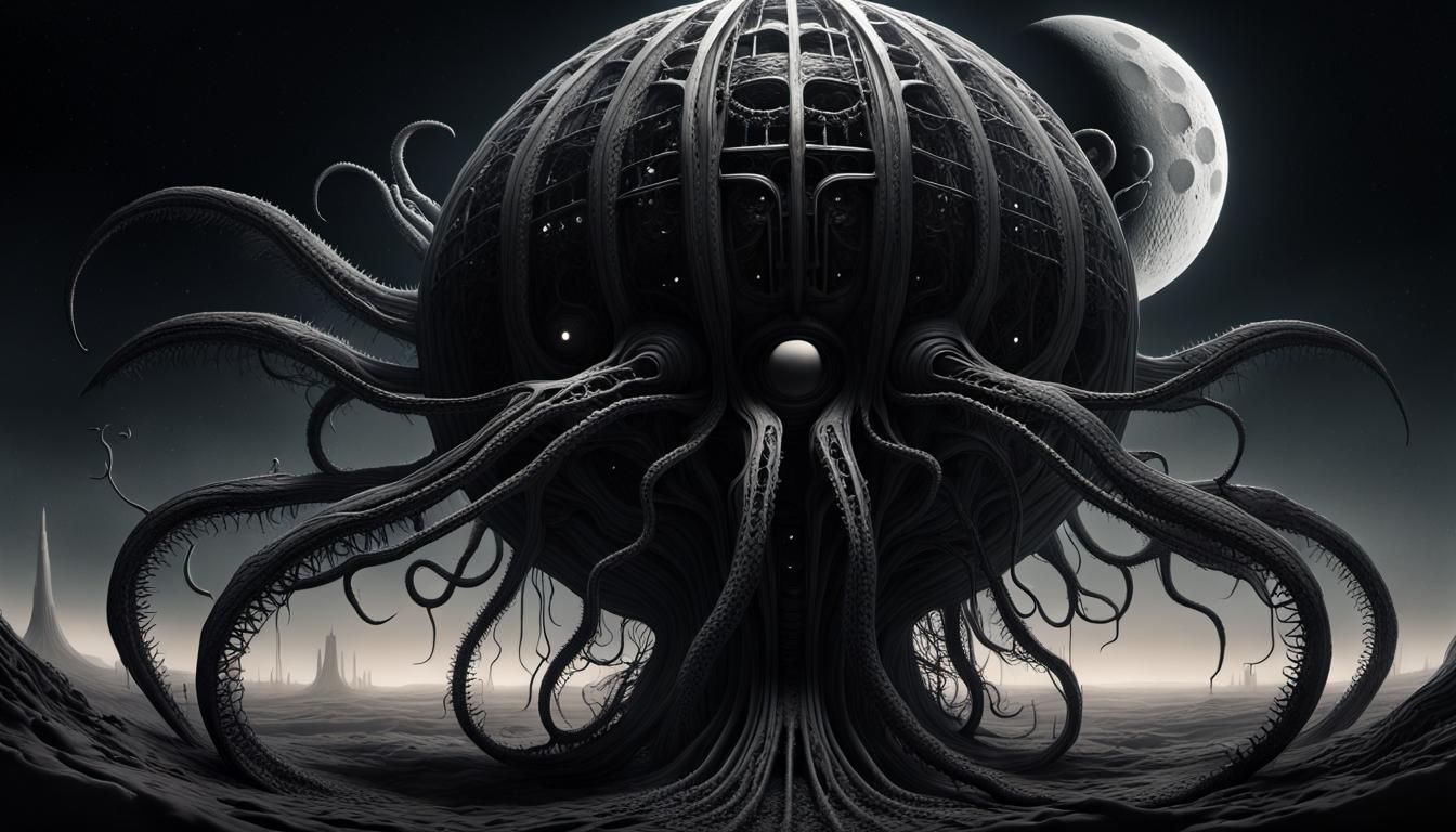 Mechanical Moon Dominates Darkened Sky in Industrial Horror