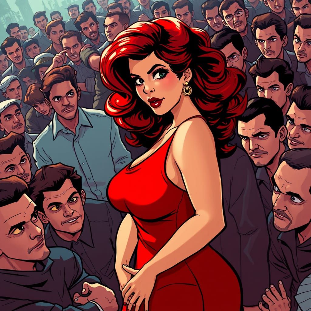 Curvy Woman in Red Dress, Animated Style