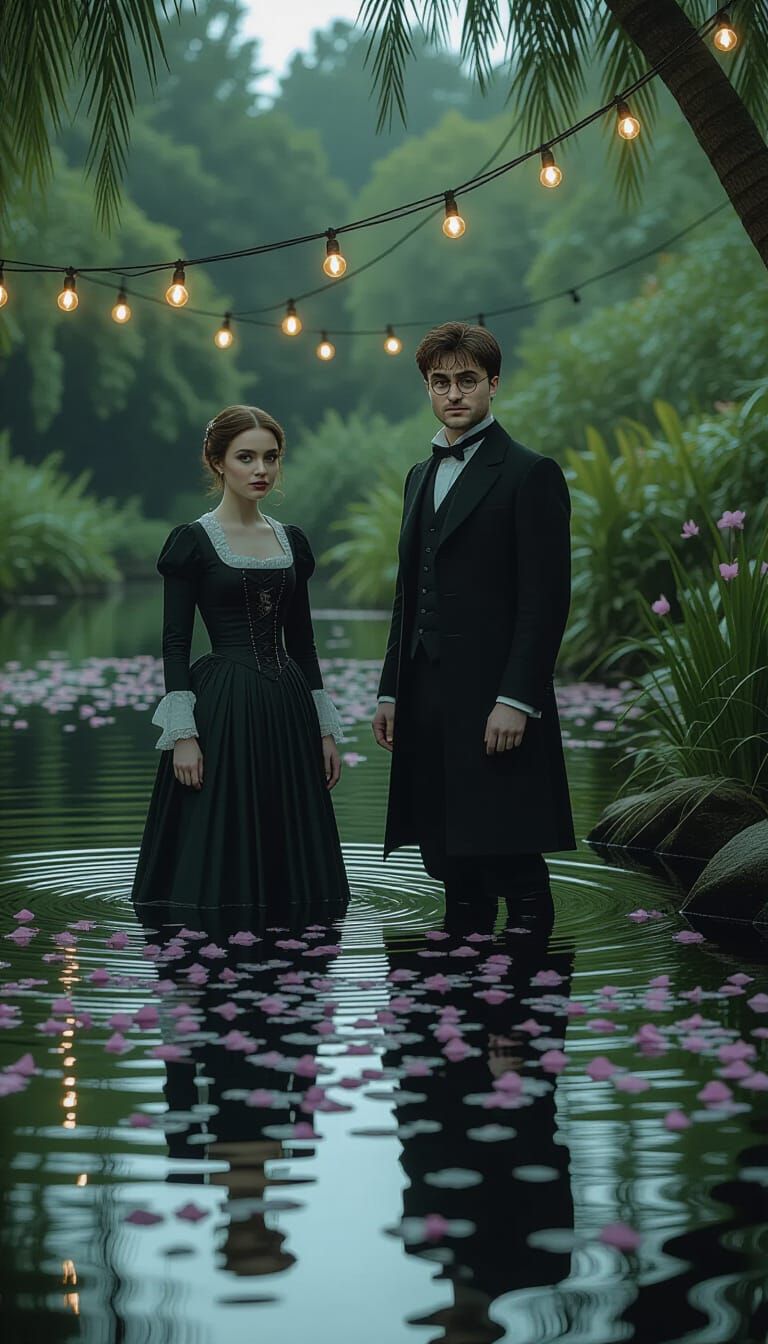 Steampunk Man Beside Pond with Petals and Lights