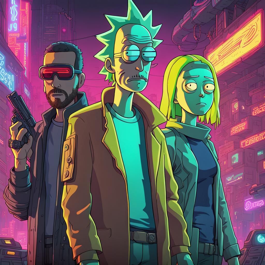 Rick and Morty in Cyberpunk 2099 Neon City