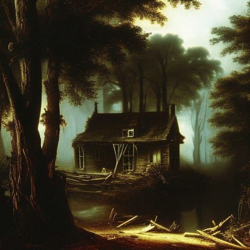 Ruins of Cottage in Dark Forest: Oil Painting