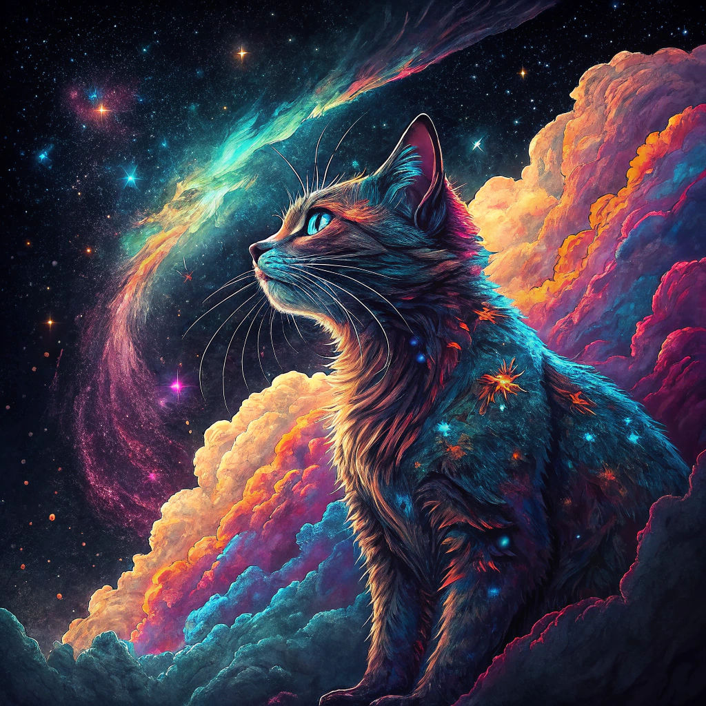 Cosmic Cat in Swirling Galaxy with Holographic Hues