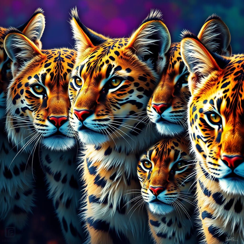 Regal Wild Cats in Vibrant, High-Contrast Art
