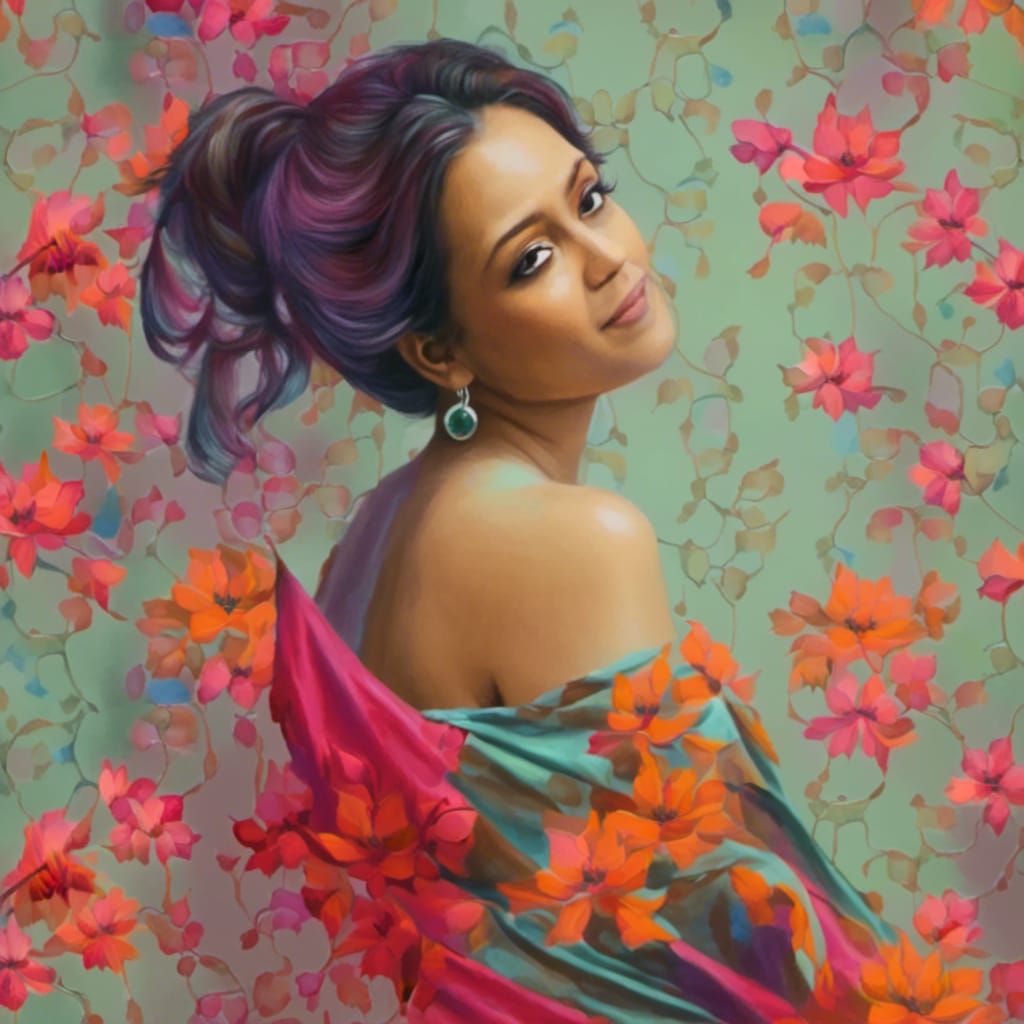 Woman in Green Dress: Abstract Art with Fine Details