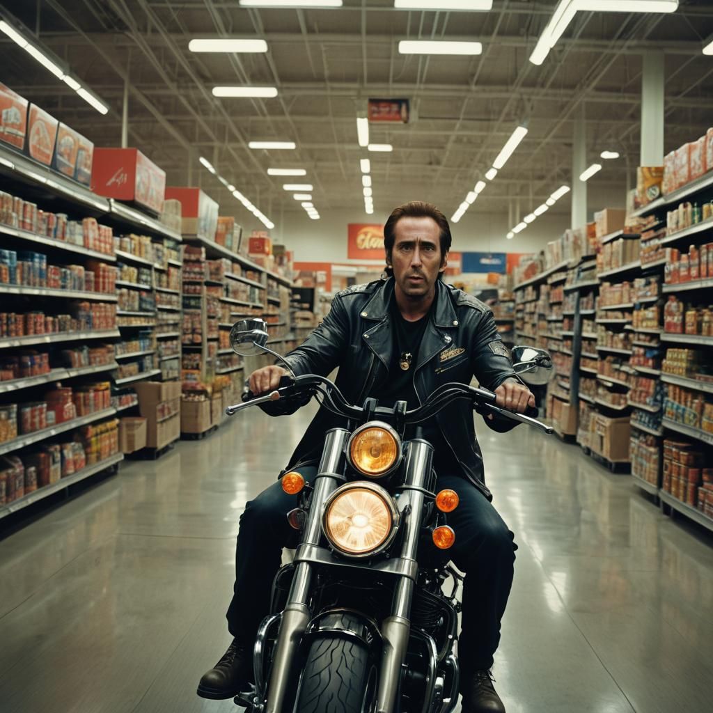 Nicholas Cage Rides Harley Through Walmart A Masterpiece
