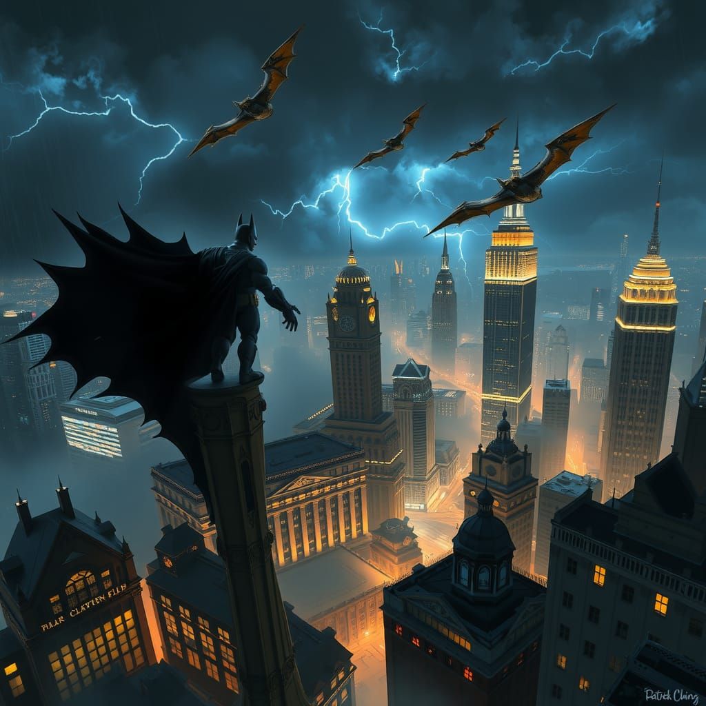 Batman in Stormy Panfuturistic City, Matte Painting