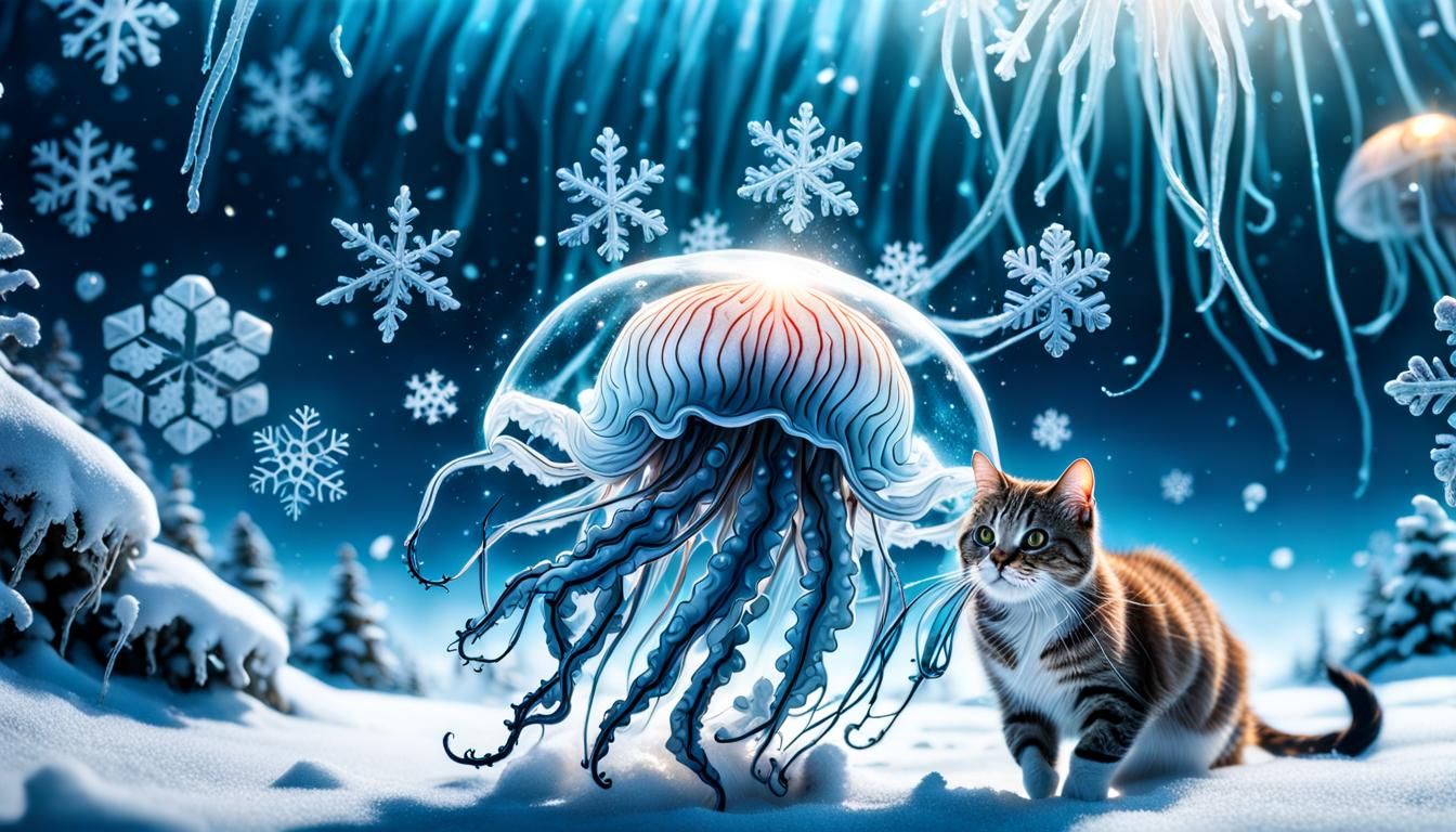 Hyperrealistic Jellyfish Attacks Snowflake with Raving Cat