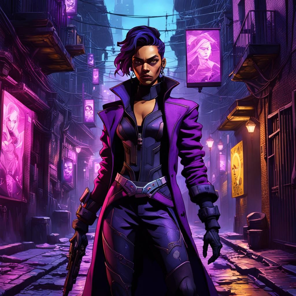 Sombra in Dark Fantasy Cyberpunk City Alleyway